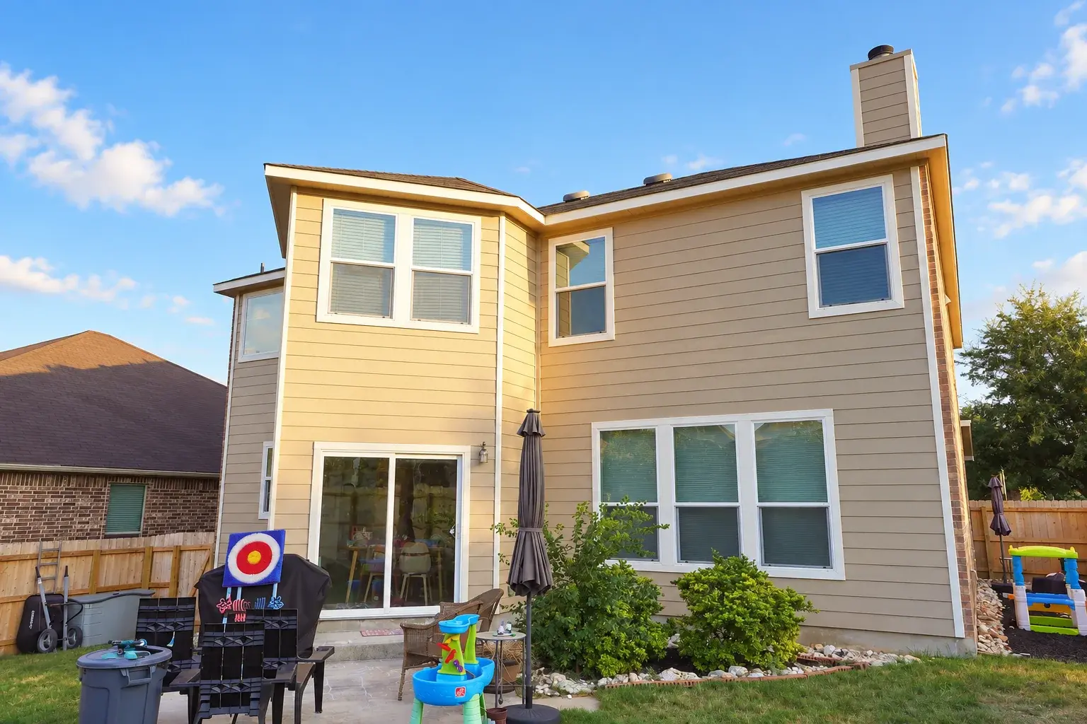 Finished rear exterior of the two-story San Antonio home