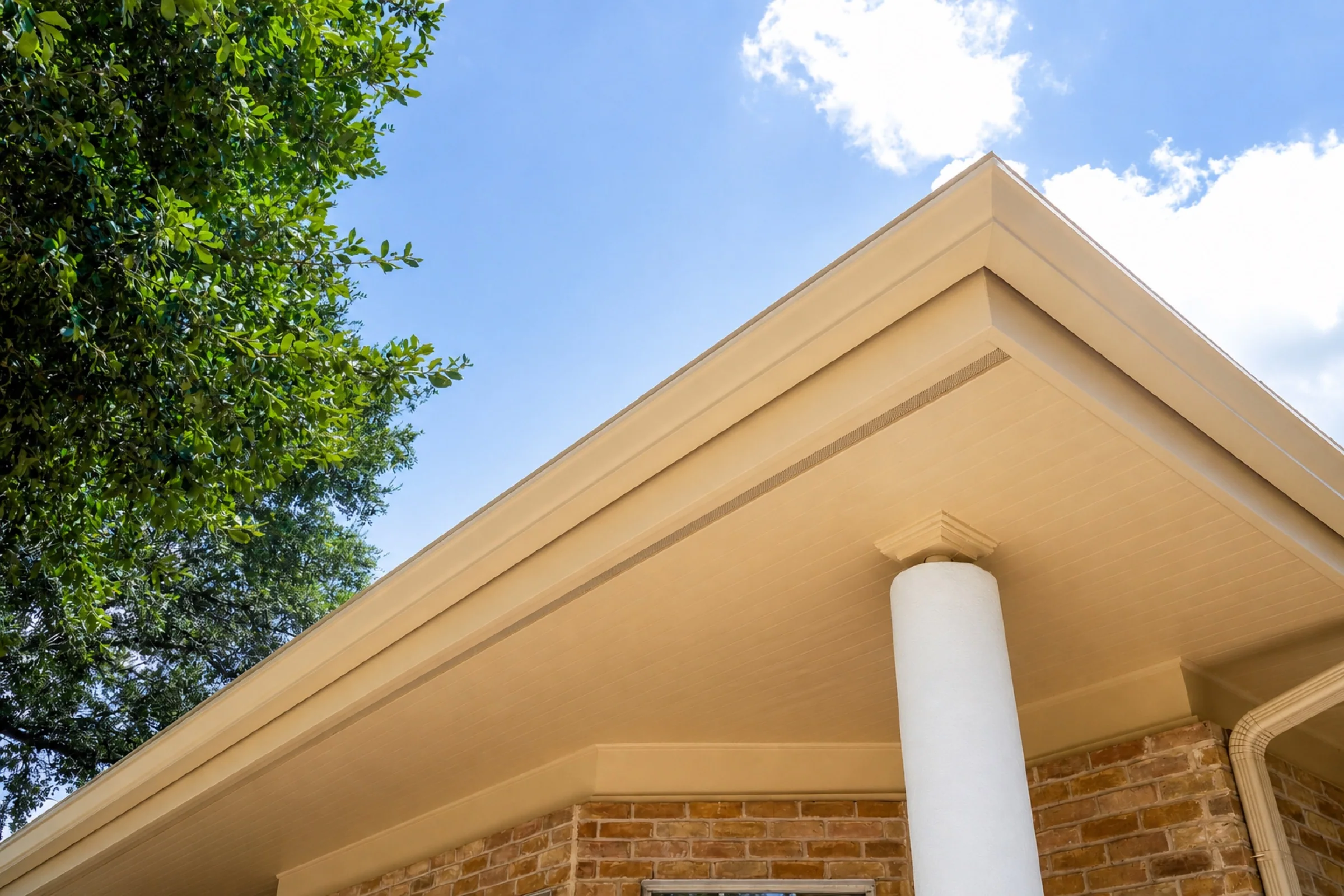 Freshly finished exterior eaves and corner trim